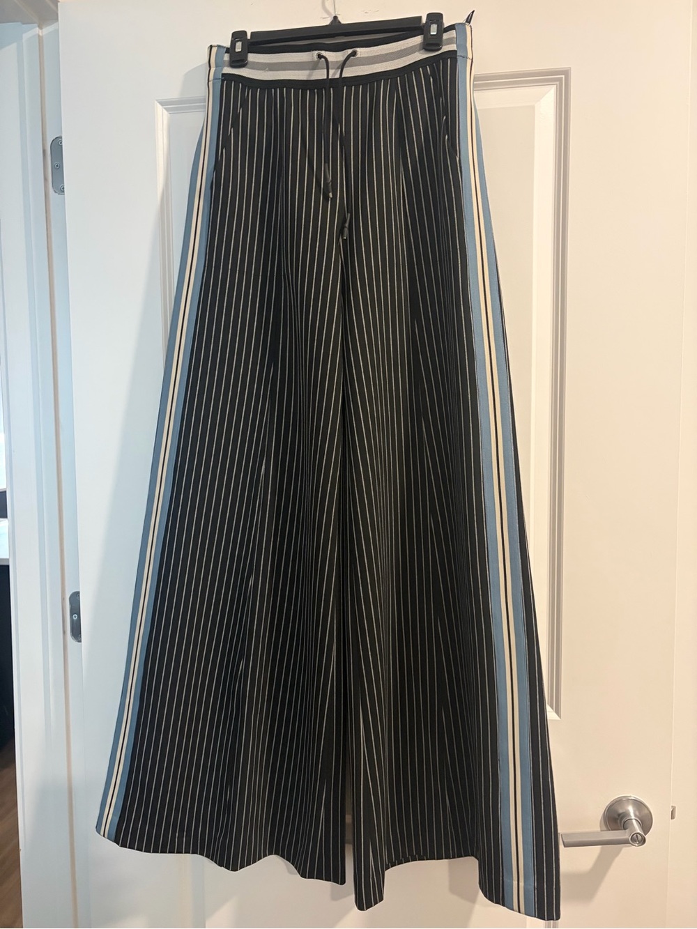 Wide leg Black Pinstripe Pants with Side Stripes by Byron Lars
